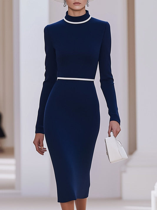 【Envío en 24 horas】Vestido midi elegante francés de cuello alto en contraste blanco