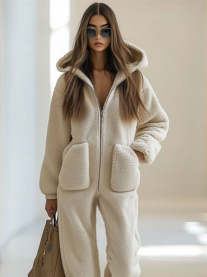 【24-hour shipping out】Casual Loose Vintage Polar Fleece Pocket Zipper Hooded Jumpsuit