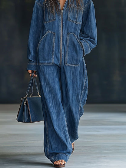 【24-hour shipping out】Casual Loose Retro Pocket Long Sleeve Hooded Zipper Denim Jumpsuit
