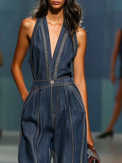 【24-hour shipping out】V-Neck Casual Retro Sleeveless Wide-Leg Denim Jumpsuit