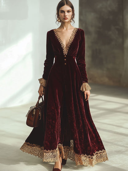 【24-hour shipping out】Vintage Ankola Red Velvet Lace V-neck Long Sleeve Maxi Dress