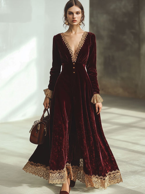 【24-hour shipping out】Vintage Ankola Red Velvet Lace V-neck Long Sleeve Maxi Dress