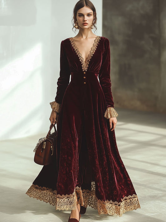 【24-hour shipping out】Vintage Ankola Red Velvet Lace V-neck Long Sleeve Maxi Dress