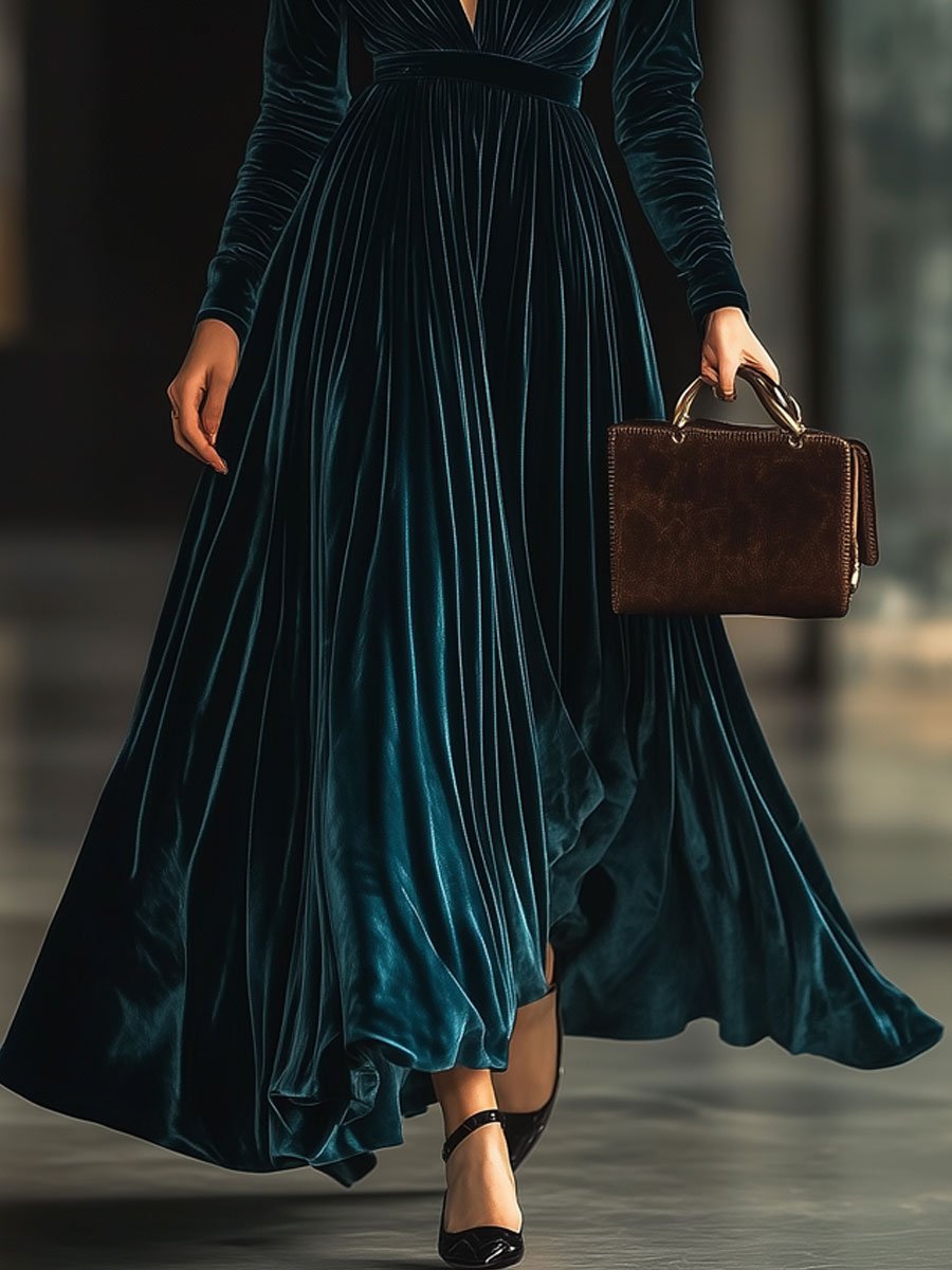 【24-hour shipping out】V-Neck Fashion Party Solid Color Velvet Long-Sleeved Maxi Dress