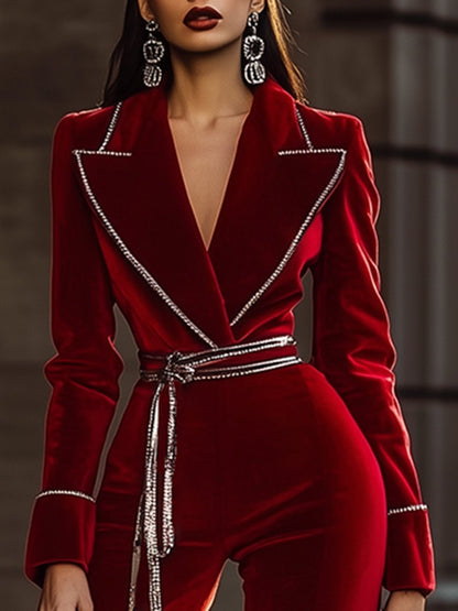【Envío en 24 horas】Mono de terciopelo rojo de alta gama y moda con ribete plateado