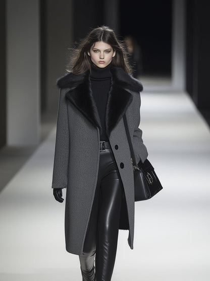 【24-hour shipping out】Luxury Waterproof Mink Collar Long Herringbone Wool Coat