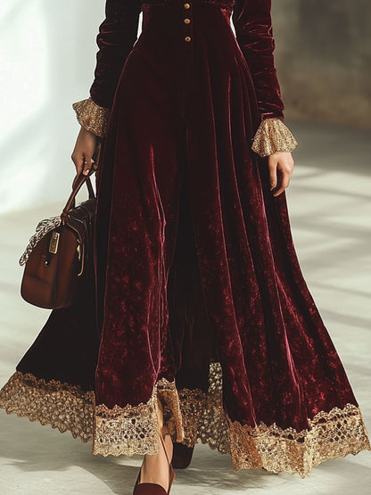 【24-hour shipping out】Vintage Ankola Red Velvet Lace V-neck Long Sleeve Maxi Dress