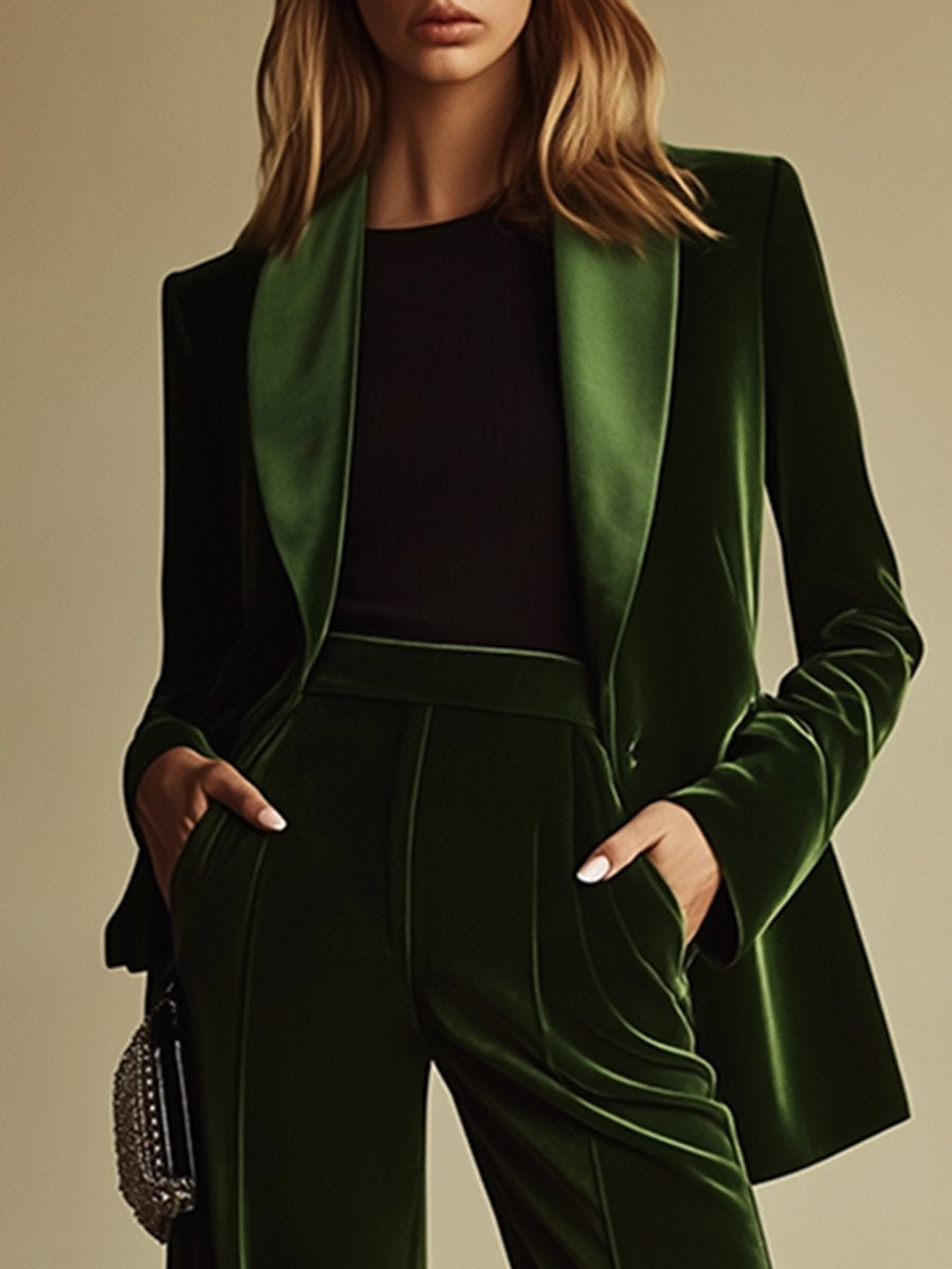 【24-hour shipping out】High-End Temperament Loose Retro Green Velvet Suit