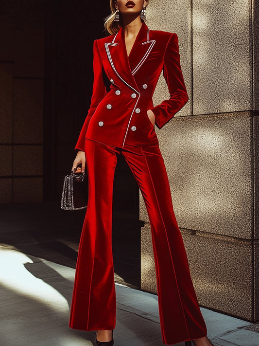 【24-hour shipping】High-End Fashion Red Velvet Suit With Silver Trim