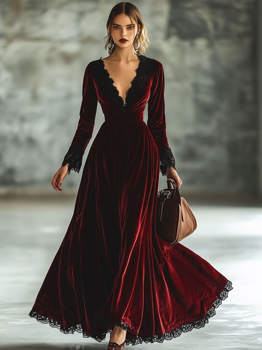 【Envío en 24 horas】Vestido largo de manga larga con escote en V y encaje retro de moda