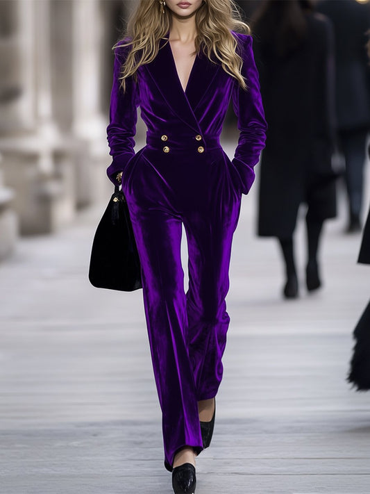 【24-hour shipping out】High-End Temperament Loose Retro Purple Velvet Jumpsuit