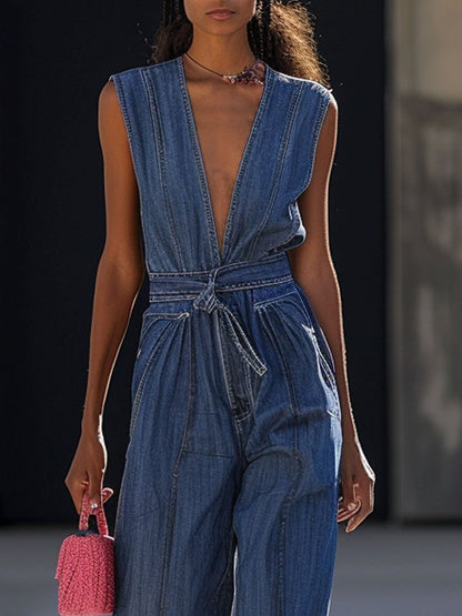 【24-hour shipping out】V-Neck Loose Casual Retro Pocket Lace-Up Denim Jumpsuit