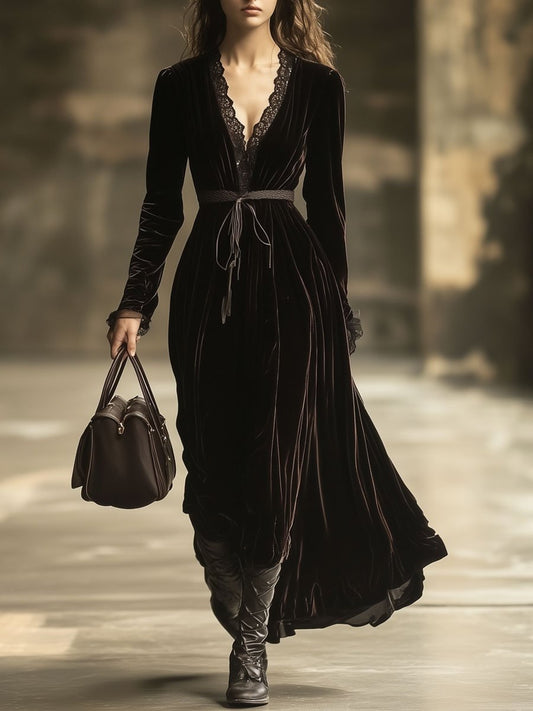 【24-hour shipping out】V-Neck Lace Panel Solid Velvet Long-Sleeved Maxi Dress