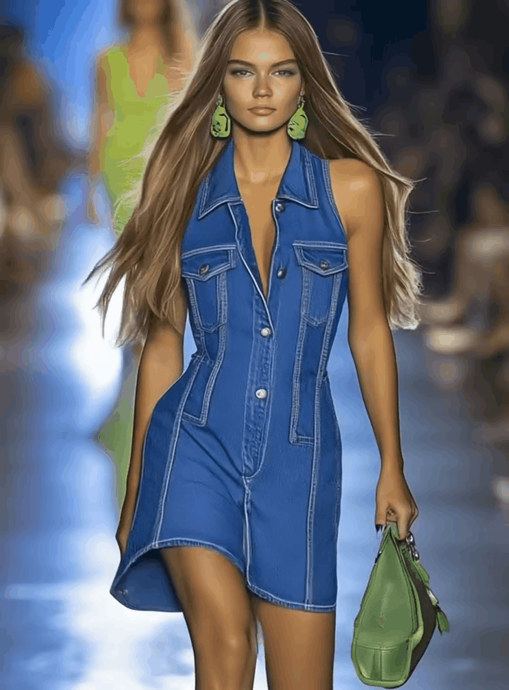 【Envío en 24 horas】Vestido mini de mezclilla premium con cuello en V y cremallera