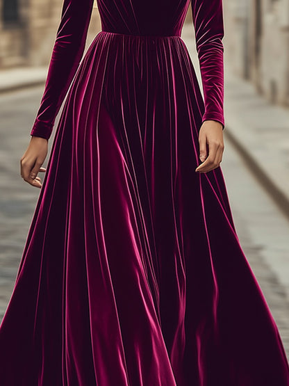 【Envío en 24 horas】Vestido largo de terciopelo con cintura alta y cuello alto de moda retro