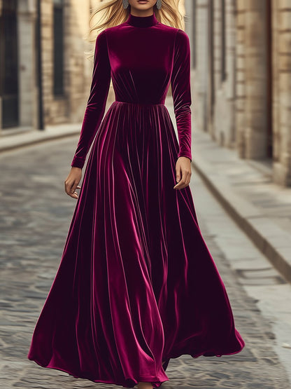 【Envío en 24 horas】Vestido largo de terciopelo con cintura alta y cuello alto de moda retro
