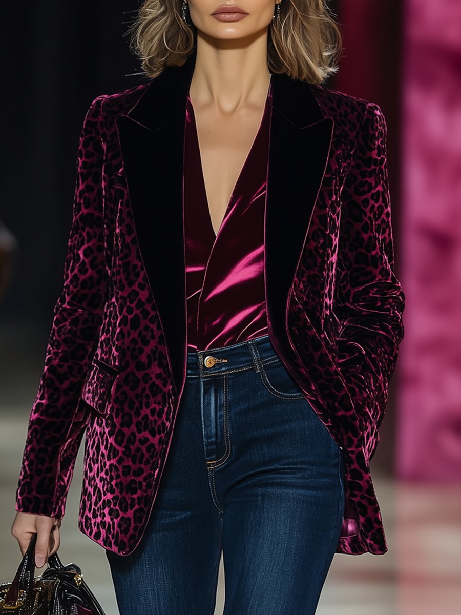 【Envío en 24 horas】Blazer de solapa con estampado de leopardo y costuras de terciopelo de color sólido de lujo retro de moda
