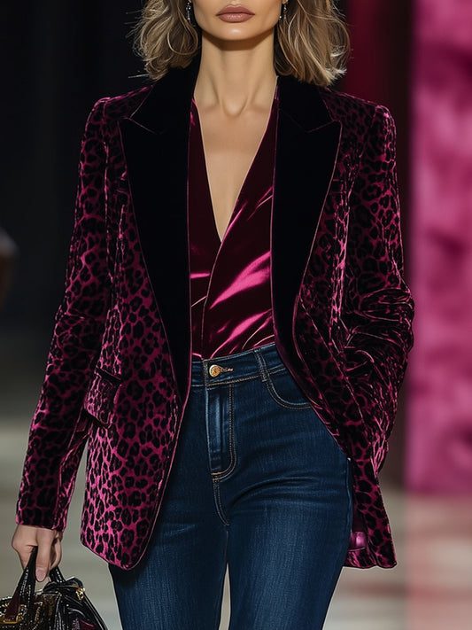 【Envío en 24 horas】Blazer de solapa con estampado de leopardo y costuras de terciopelo de color sólido de lujo retro de moda