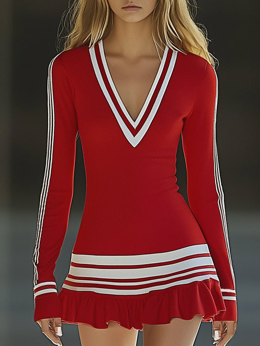 【Envío en 24 horas】Vestido corto deportivo de moda con cuello en V, manga larga, rayas blancas y rojas